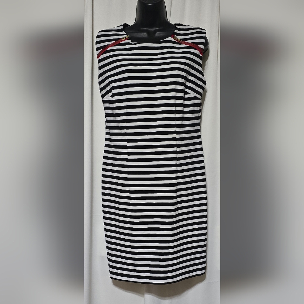 Womens Sleeveless Dress Black & White Striped w/Red Zip Accents Size 8 AA Studio